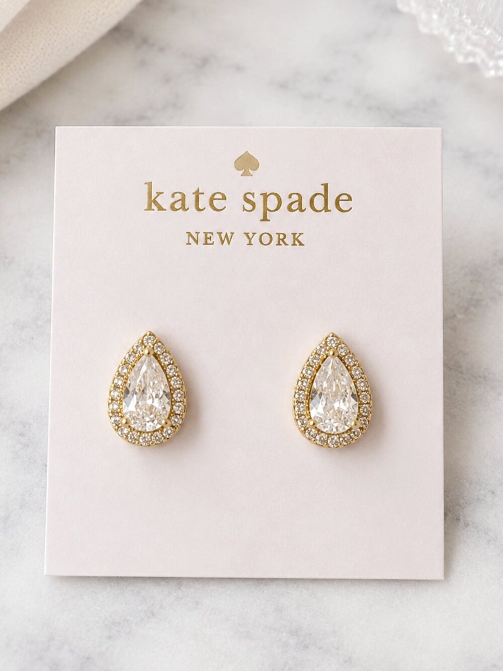 Kate Spade Crystal Teardrop Stud Earrings Gold Halo Bridal Wedding Sparkle